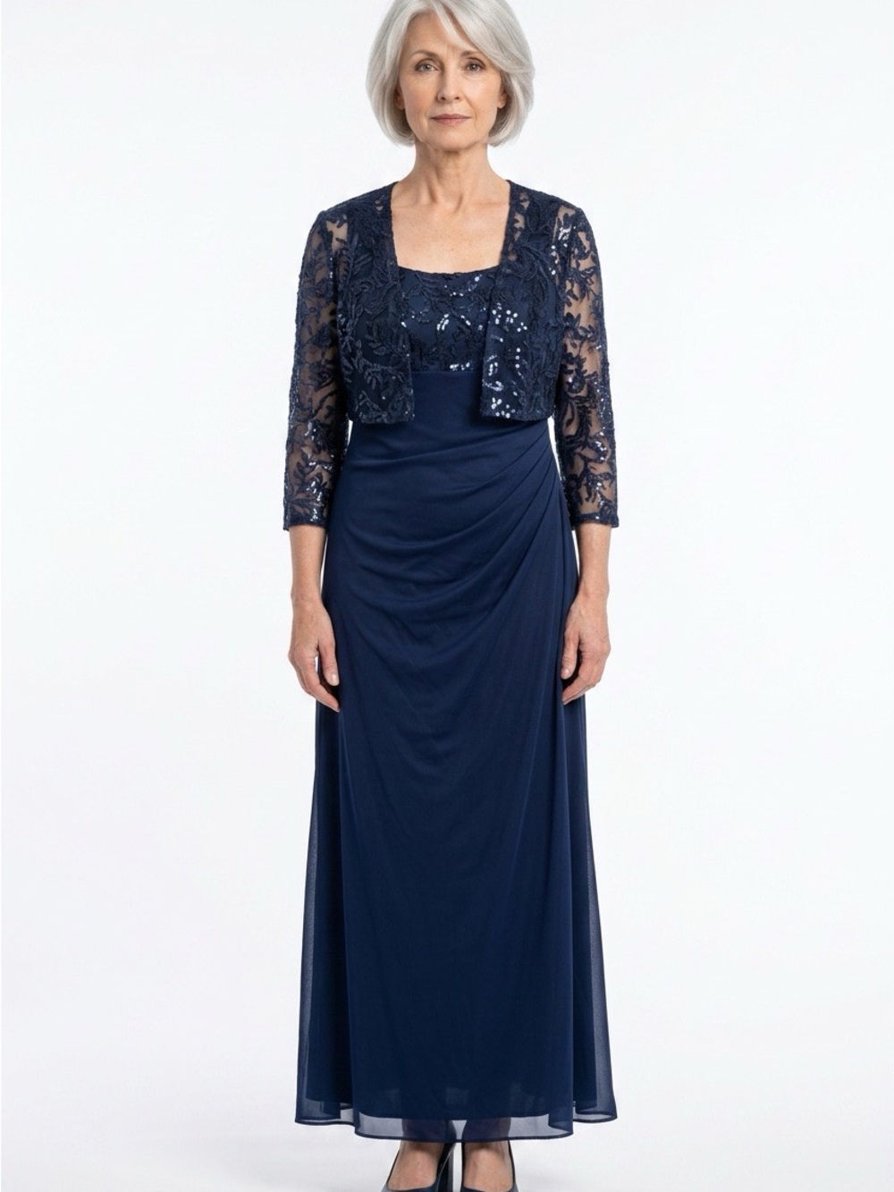 Elegant Navy Sequin Lace Jacket Evening Dress